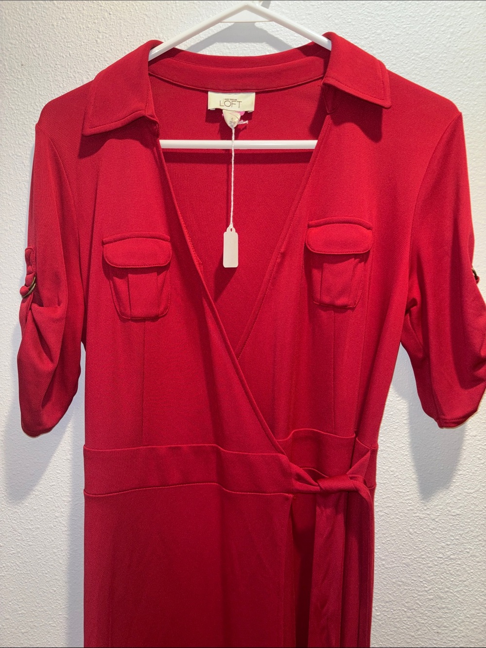 LOFT Red Midi Wrap Shirt Dress with Utility Pockets - Picture 5 of 5